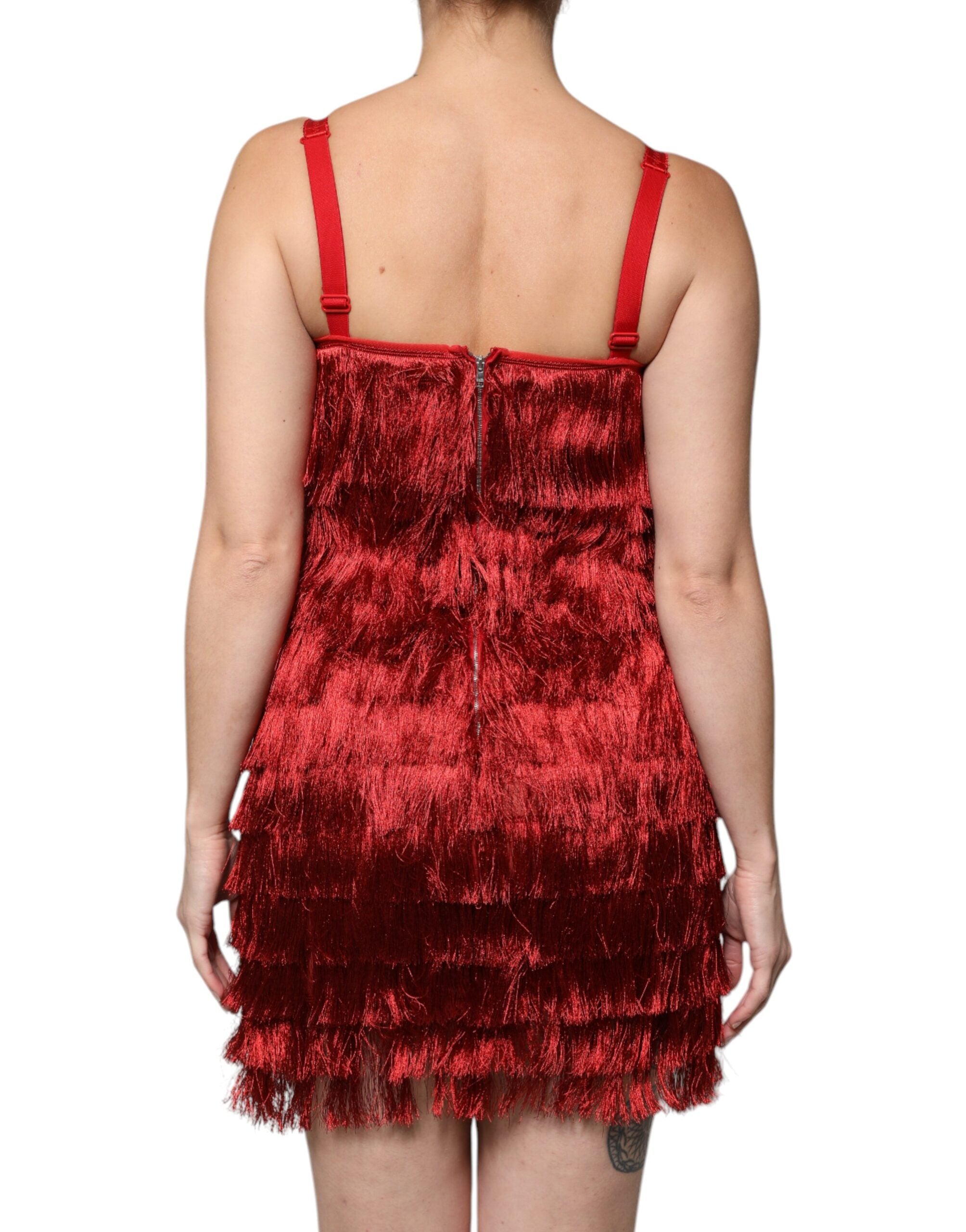 Червена мини рокля без ръкави с пискюли Dolce &amp; Gabbana с дантела