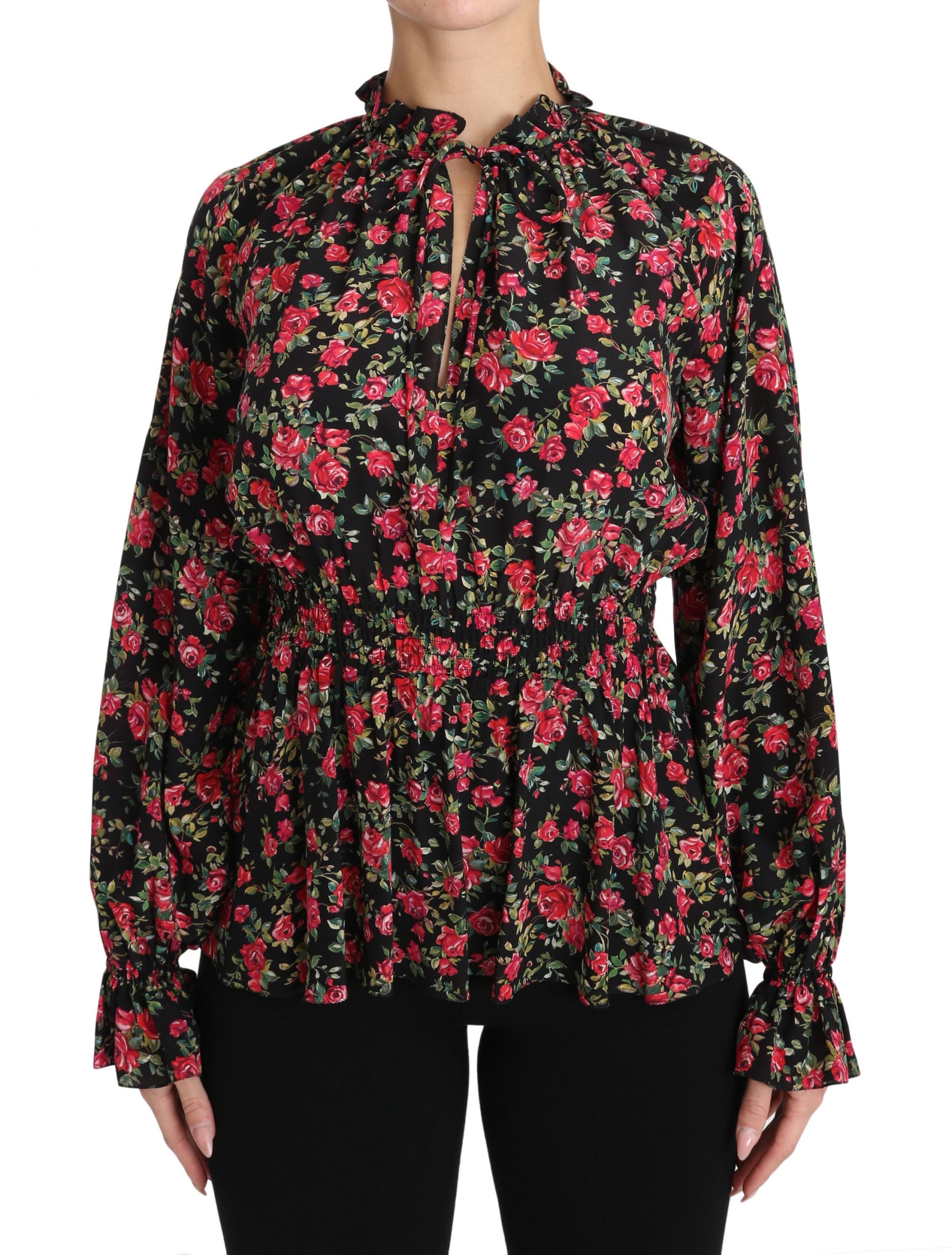Елегантна черна копринена риза на цветя Dolce &amp; Gabbana