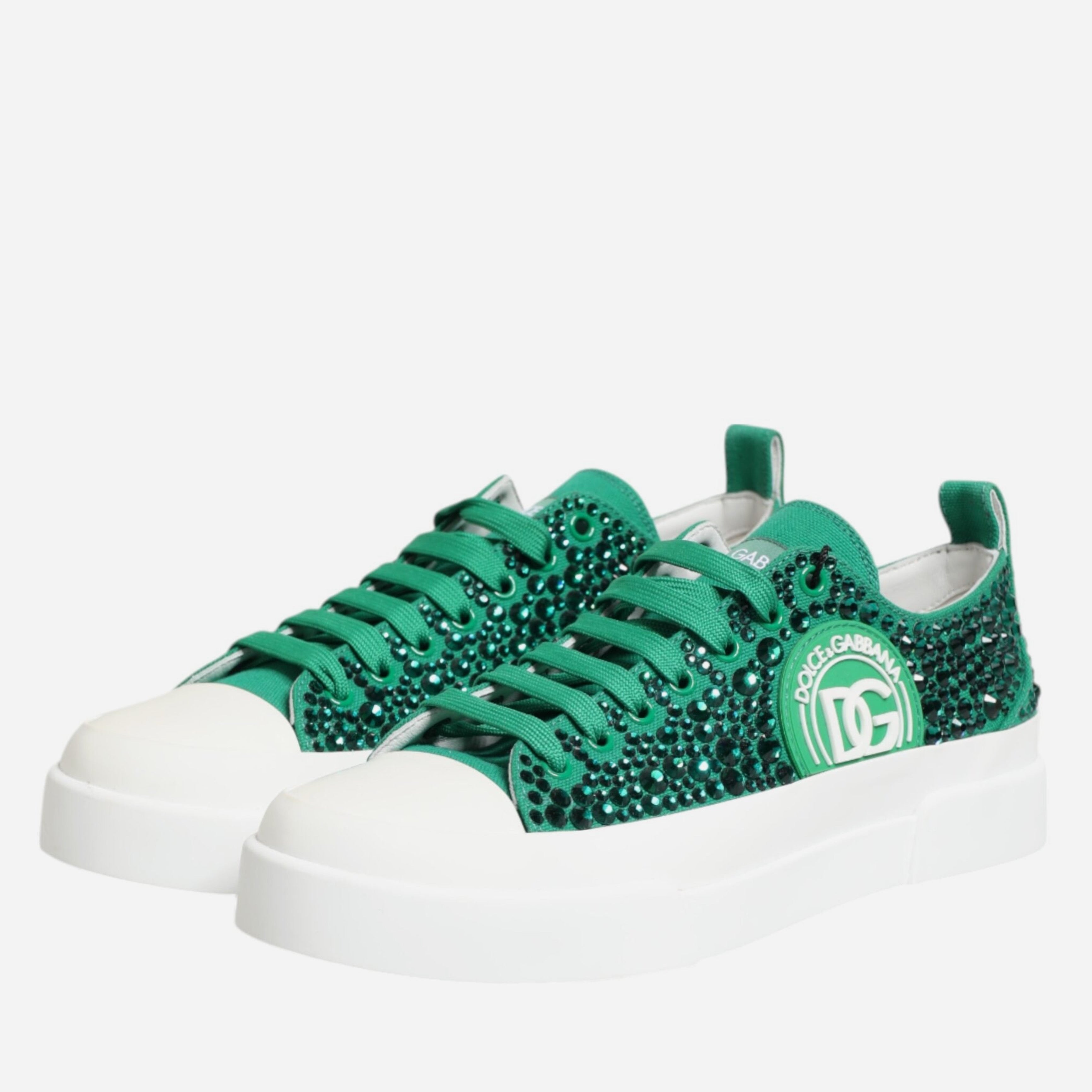 Дамски платнени кецове с кристали Women’s sneakers Dolce & Gabbana Portofino Green Crystal DG logo angled view