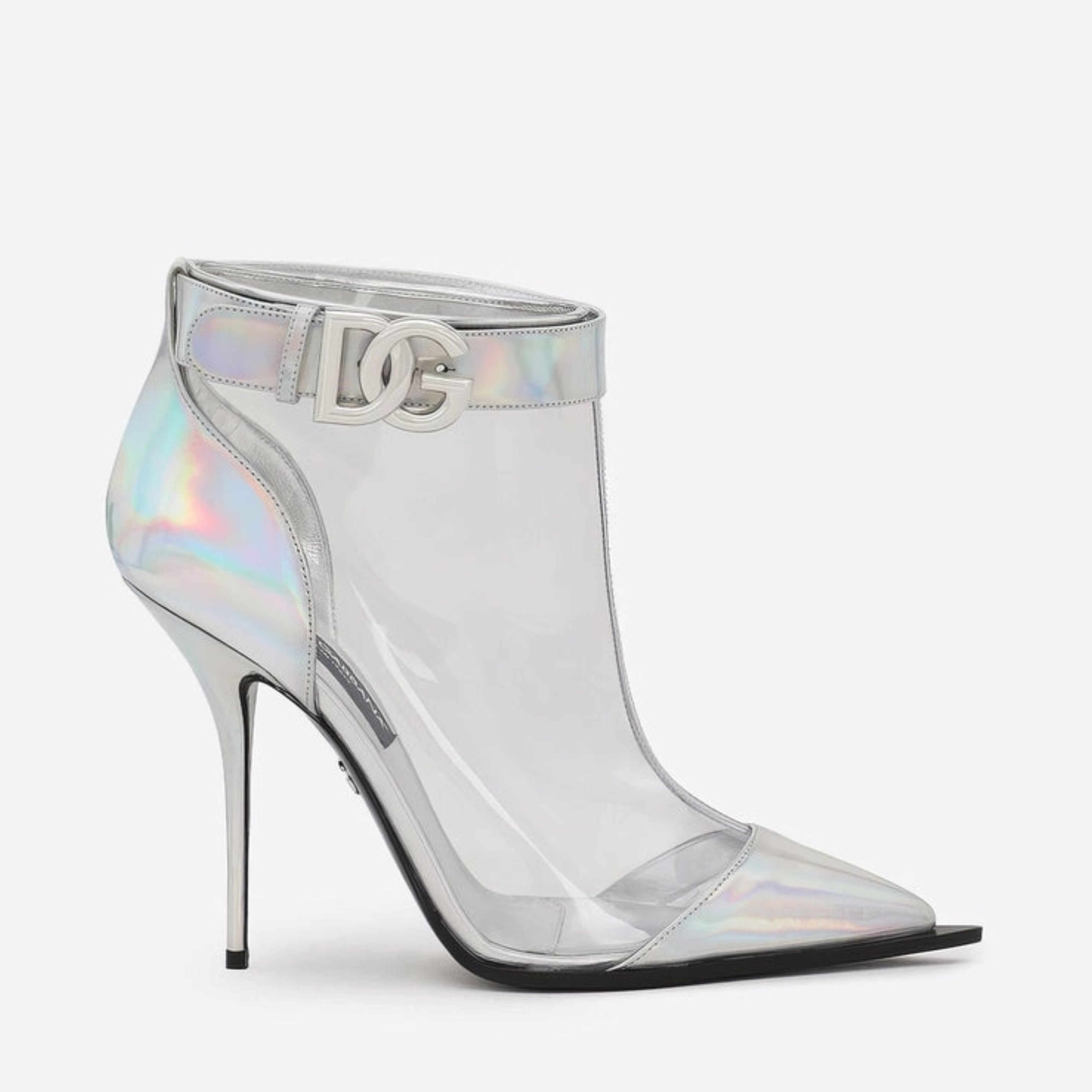 Дамски луксозни прозрачни сребристи боти на висок ток DOLCE & GABBANA Women’s Silver Iridescent PVC Pointed Ankle Boots