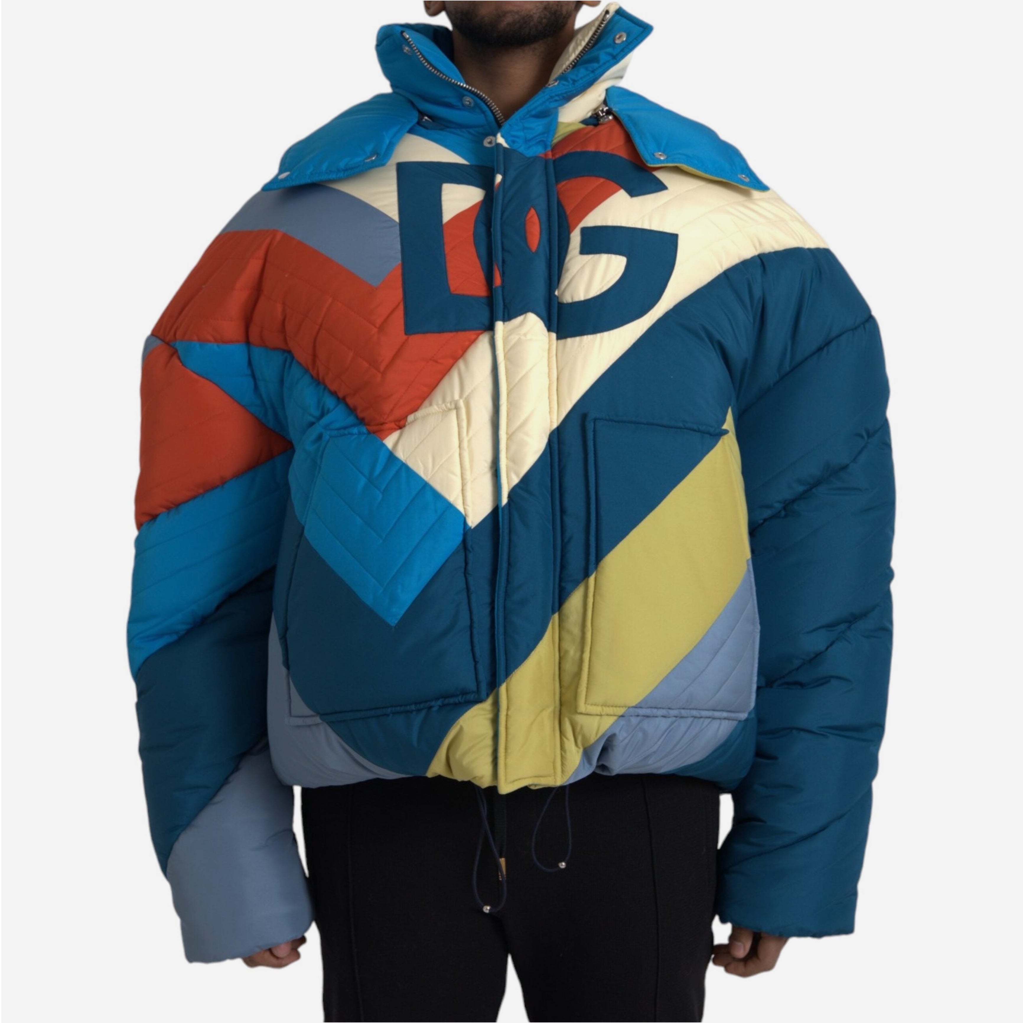 Мъжко луксозно многоцветно пухено яке с голямо лого DG отпред DOLCE & GABBANA Men’s Luxury DG Logo Multicolor Puffer Jacket