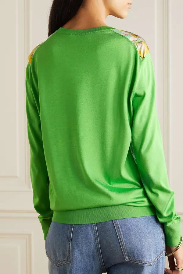 Дамски луксозен копринен пуловер DOLCE & GABBANA Women’s Green Silk Granita Al Limone Long Sleeves Sweater
