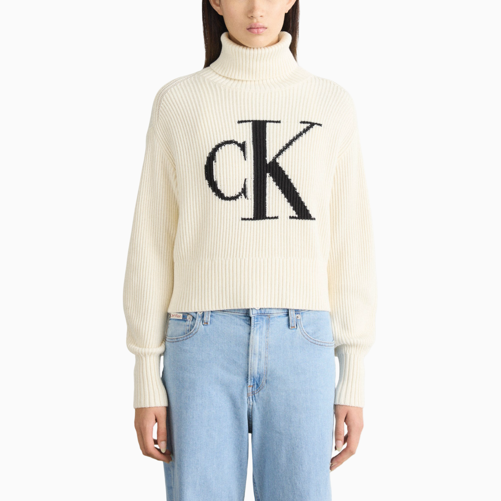 Дамски бял пуловер Calvin Klein Jeans Women Sweater LV047D349G Front View