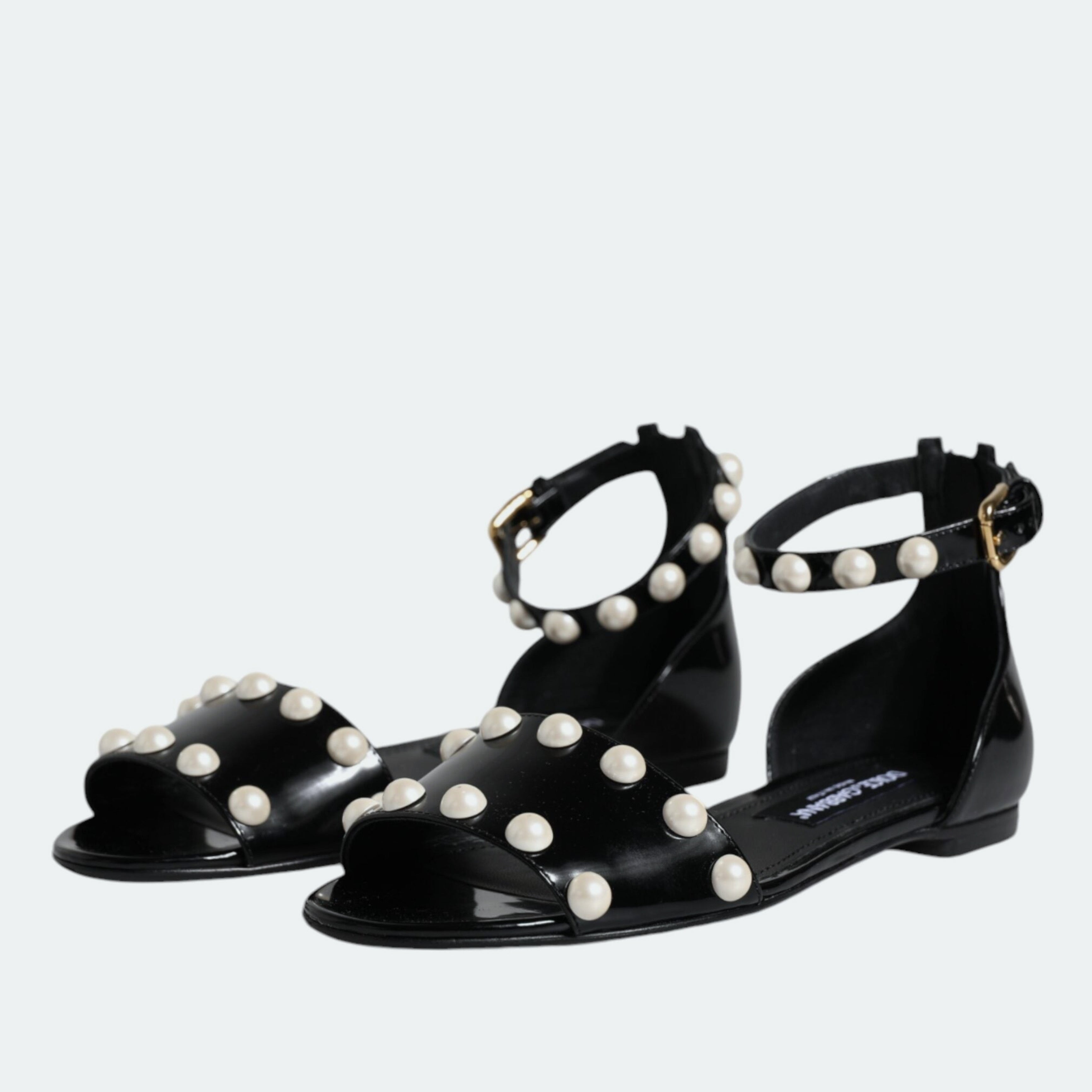 Дамски луксозни сандали от естествена кожа в черно с перли DOLCE & GABBANA Women’s Black Leather Pearls Ankle Strap Sandals