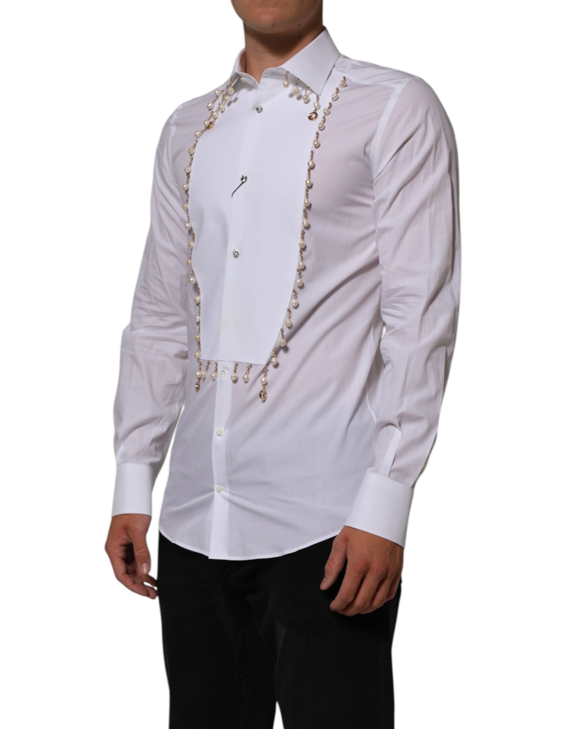 Мъжка риза Men’s white luxury shirt DOLCE & GABBANA Gold line with pearls