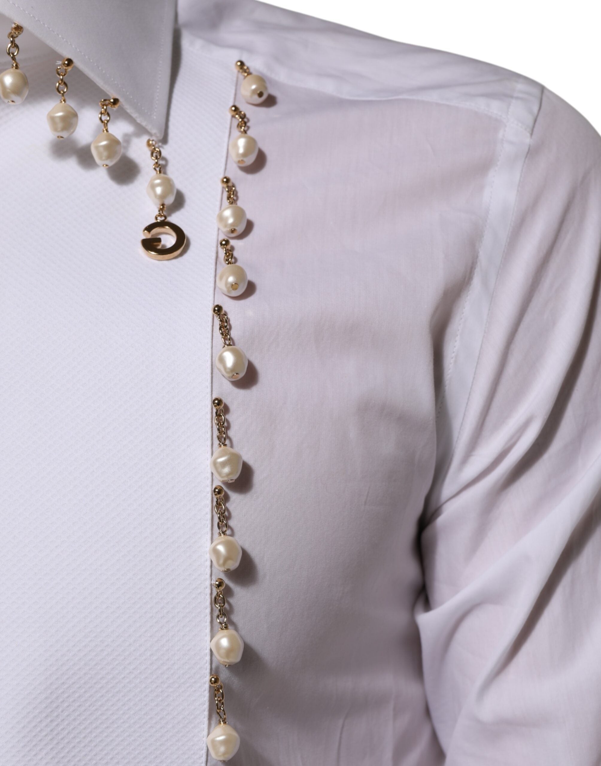 Мъжка риза Men’s white luxury shirt DOLCE & GABBANA Gold line with pearls detail view