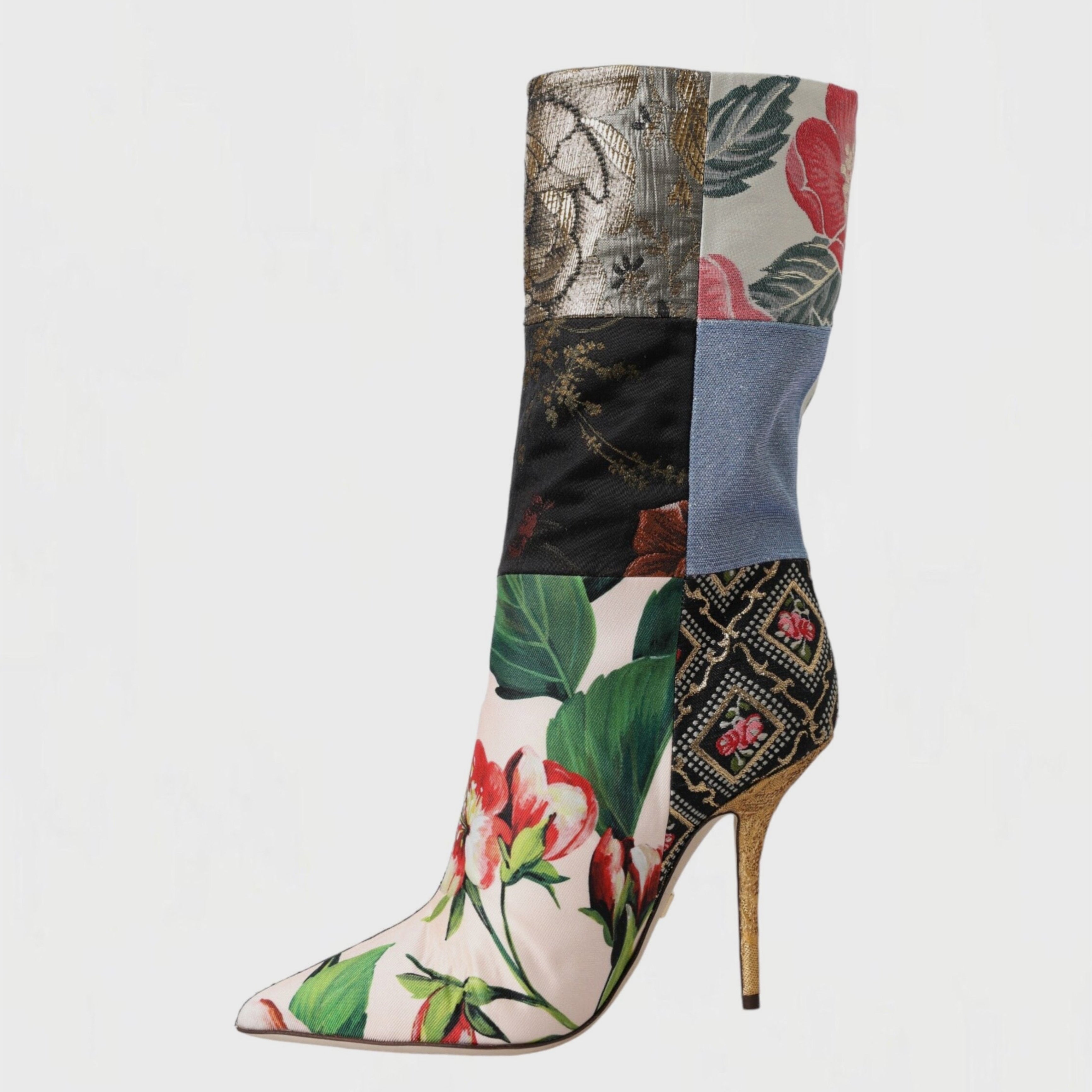 Дамски луксозни ботуши на висок ток с пачуърк DOLCE & GABBANA Women’s Multicolor Patchwork Print Heeled Boots