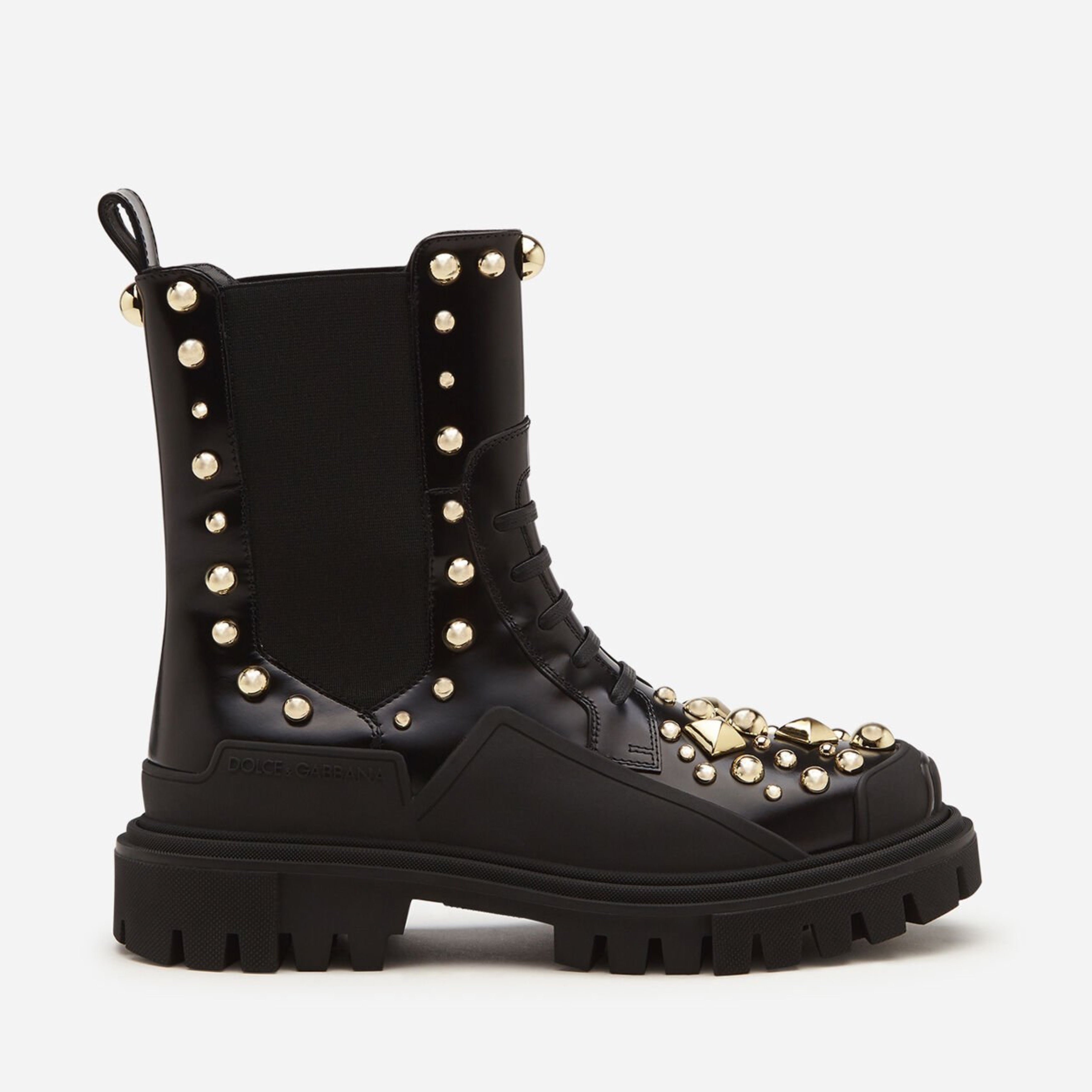 Дамски луксозни черни боти кубинки с капси от естествена кожа DOLCE & GABBANA Women’s Luxury Black Studded Combat Ankle Boots