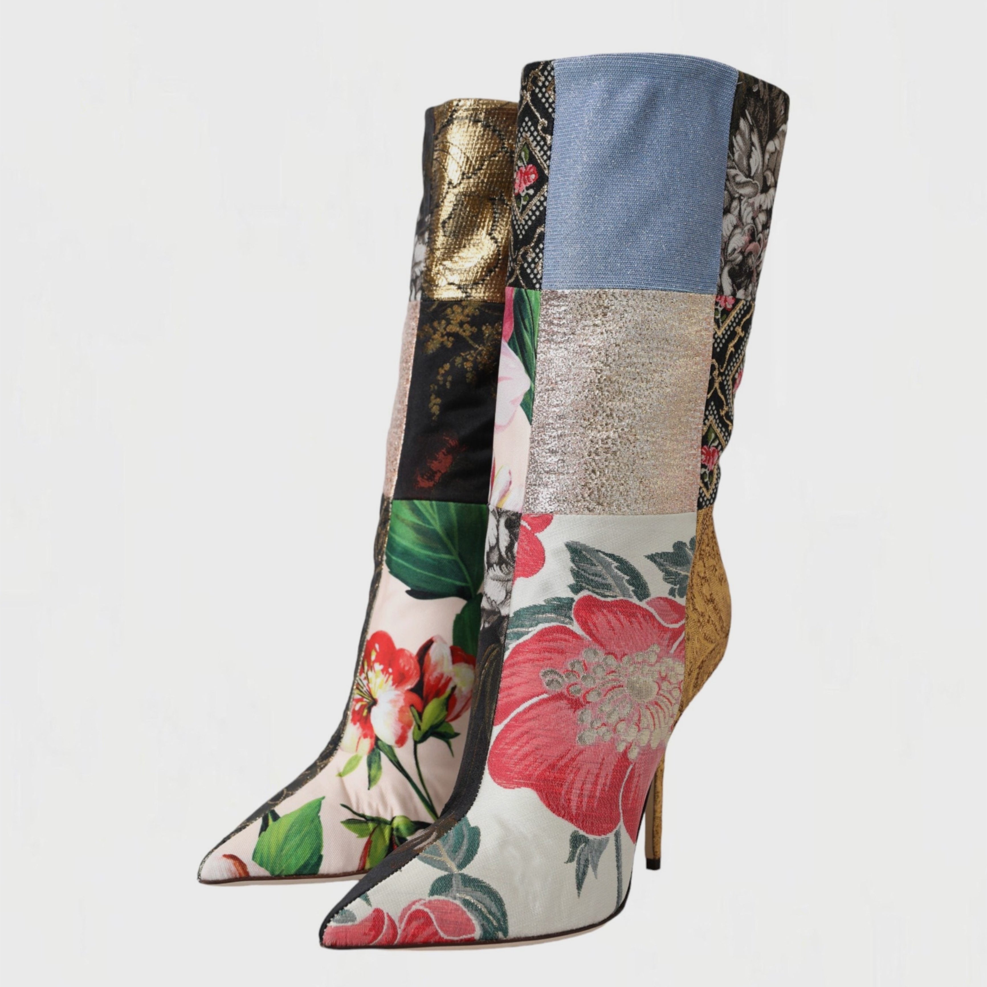 Дамски луксозни ботуши на висок ток с пачуърк DOLCE & GABBANA Women’s Multicolor Patchwork Print Heeled Boots