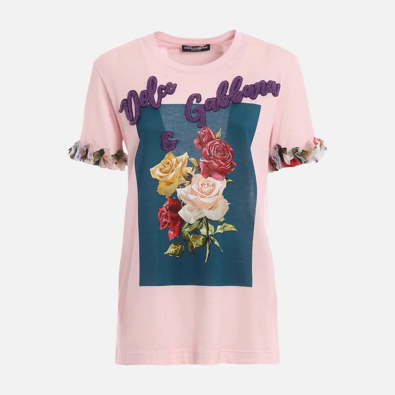 Дамска розова тениска с рози Dolce & Gabbana Floral Rose Applique Women T-Shirt