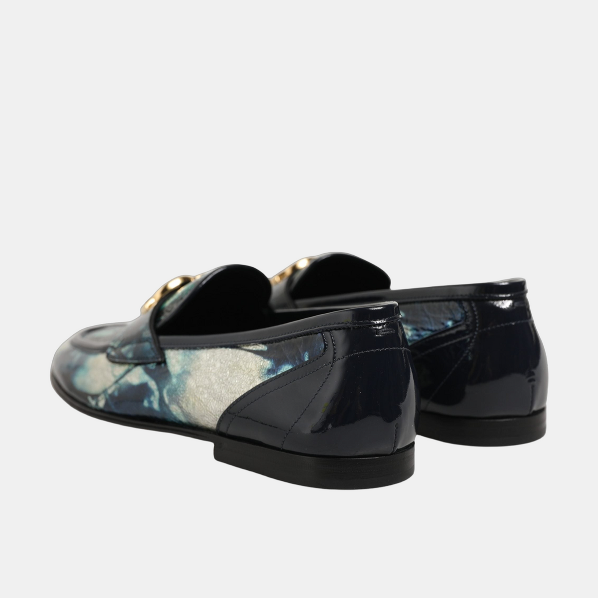 Dolce & Gabbana Metallic Blue Silver Leather DG Loafers Heel View