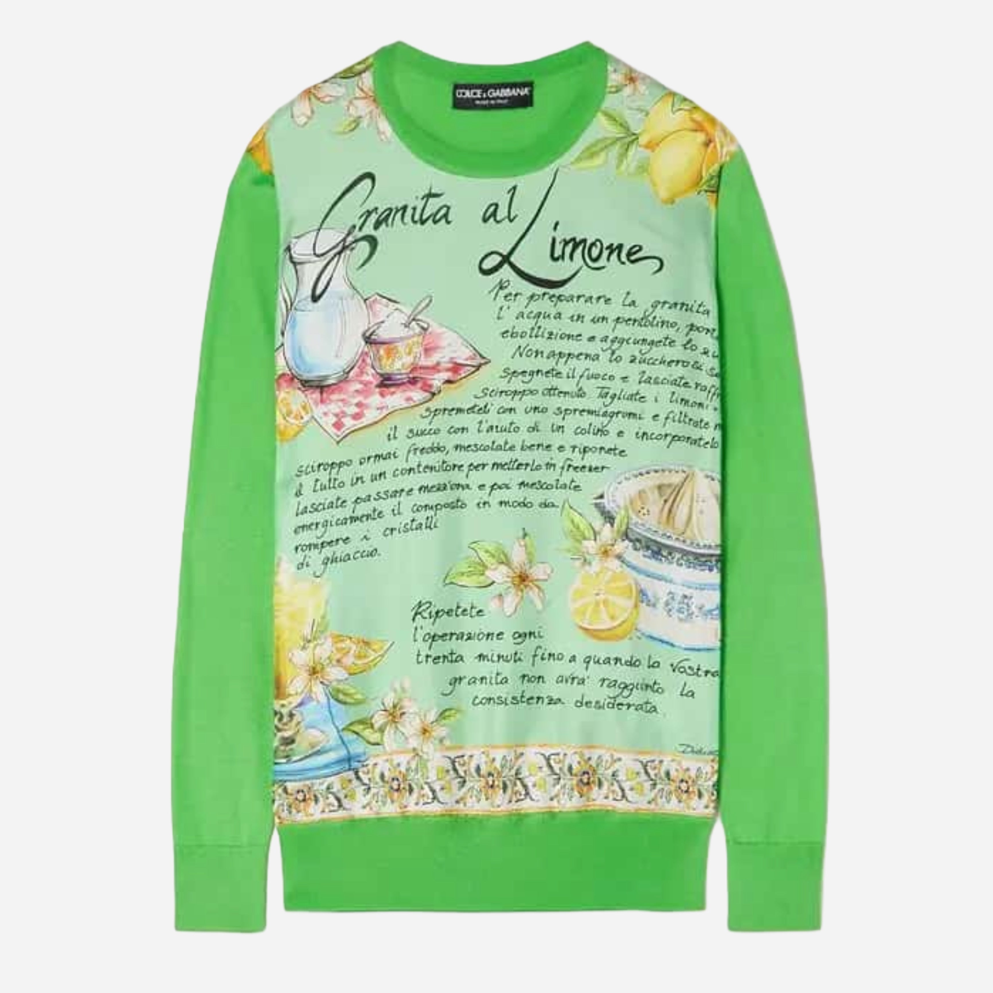 Дамски луксозен копринен пуловер DOLCE & GABBANA Women’s Green Silk Granita Al Limone Long Sleeves Sweater