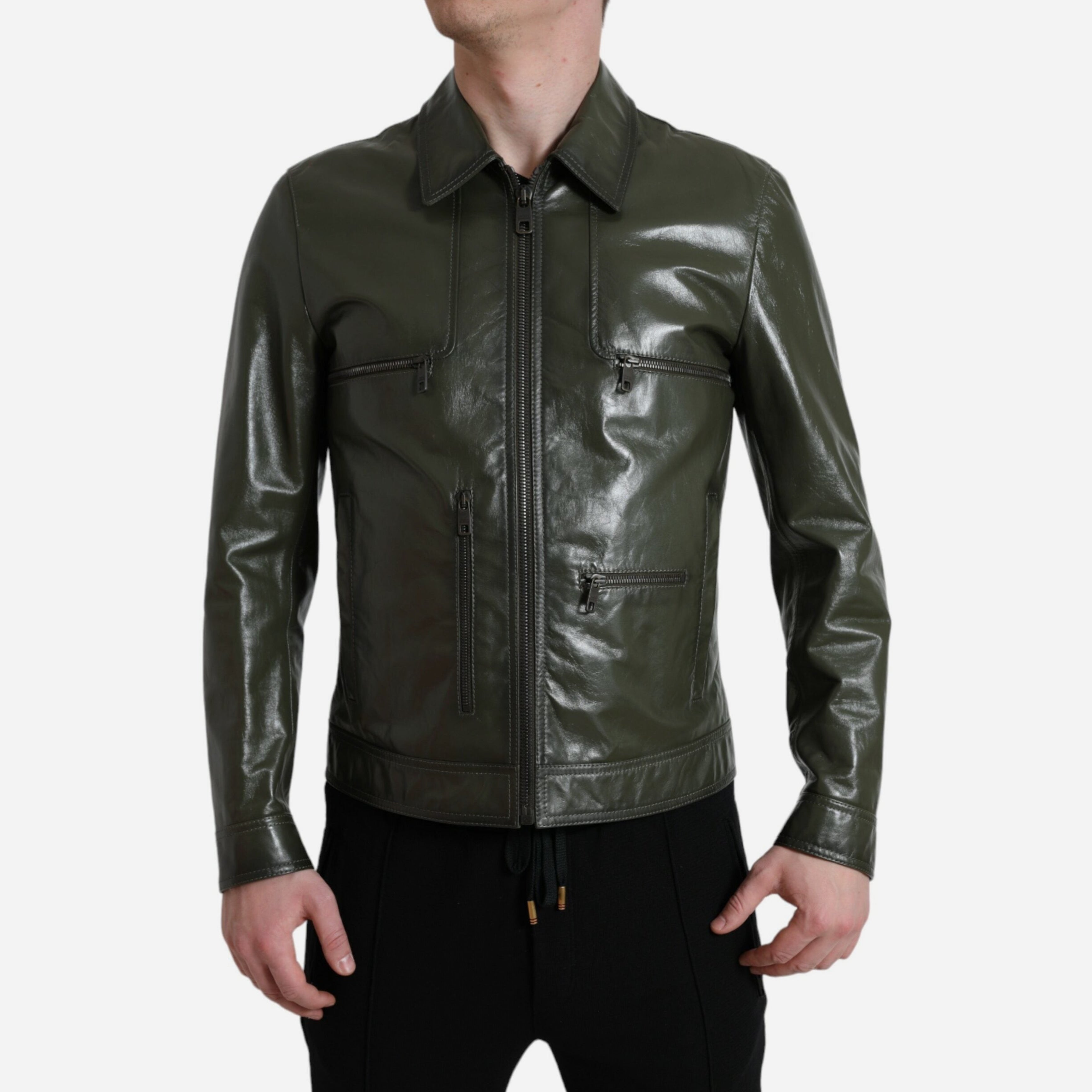Мъжко луксозно кожено яке в зелено DOLCE & GABBANA Men’s Luxury Leather Emerald Green Biker Jacket
