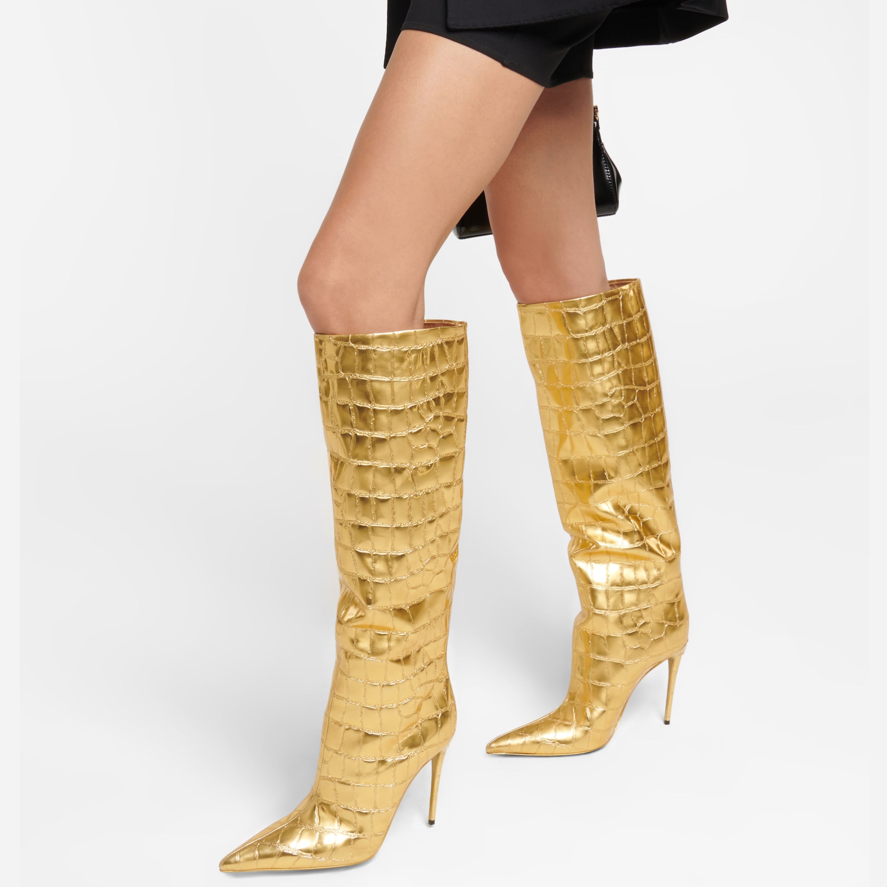 Дамски високи кожени ботуши на токчета в златист цвят DOLCE & GABBANA Women’s Luxury Gold Stiletto High Boots