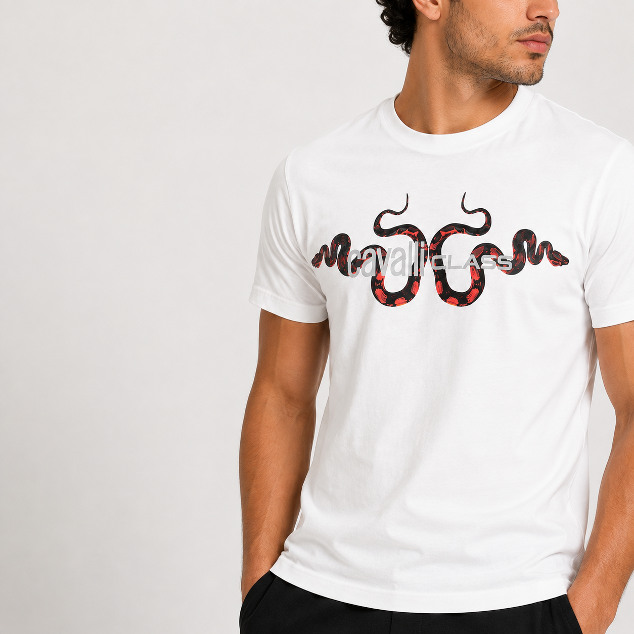 Мъжка бяла тениска Cavalli Class Men T-shirt QXT63GJD060 00053 Close-Up