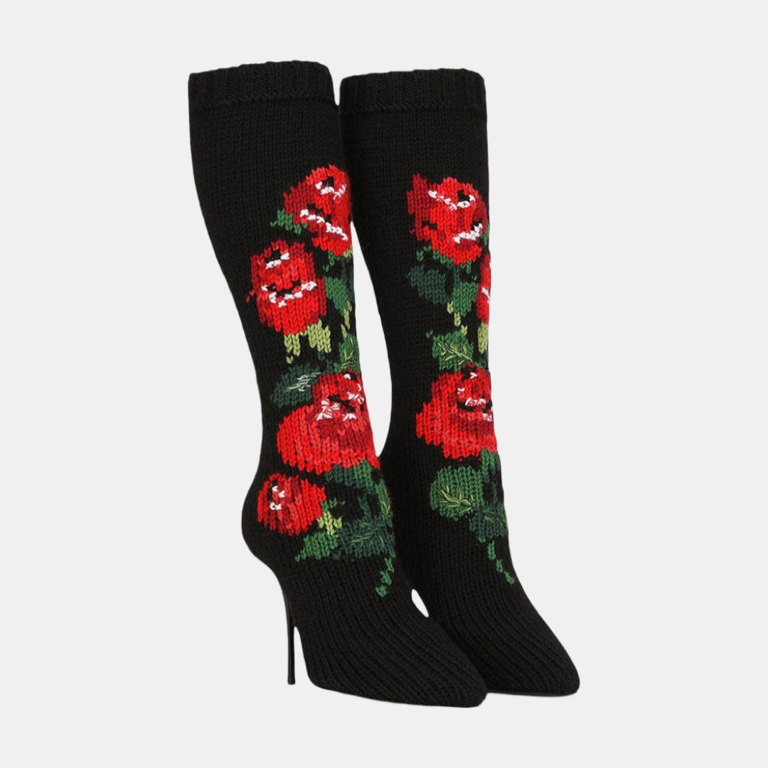 Dolce & Gabbana дамски вълнени ботуши на токчета с флорални мотиви