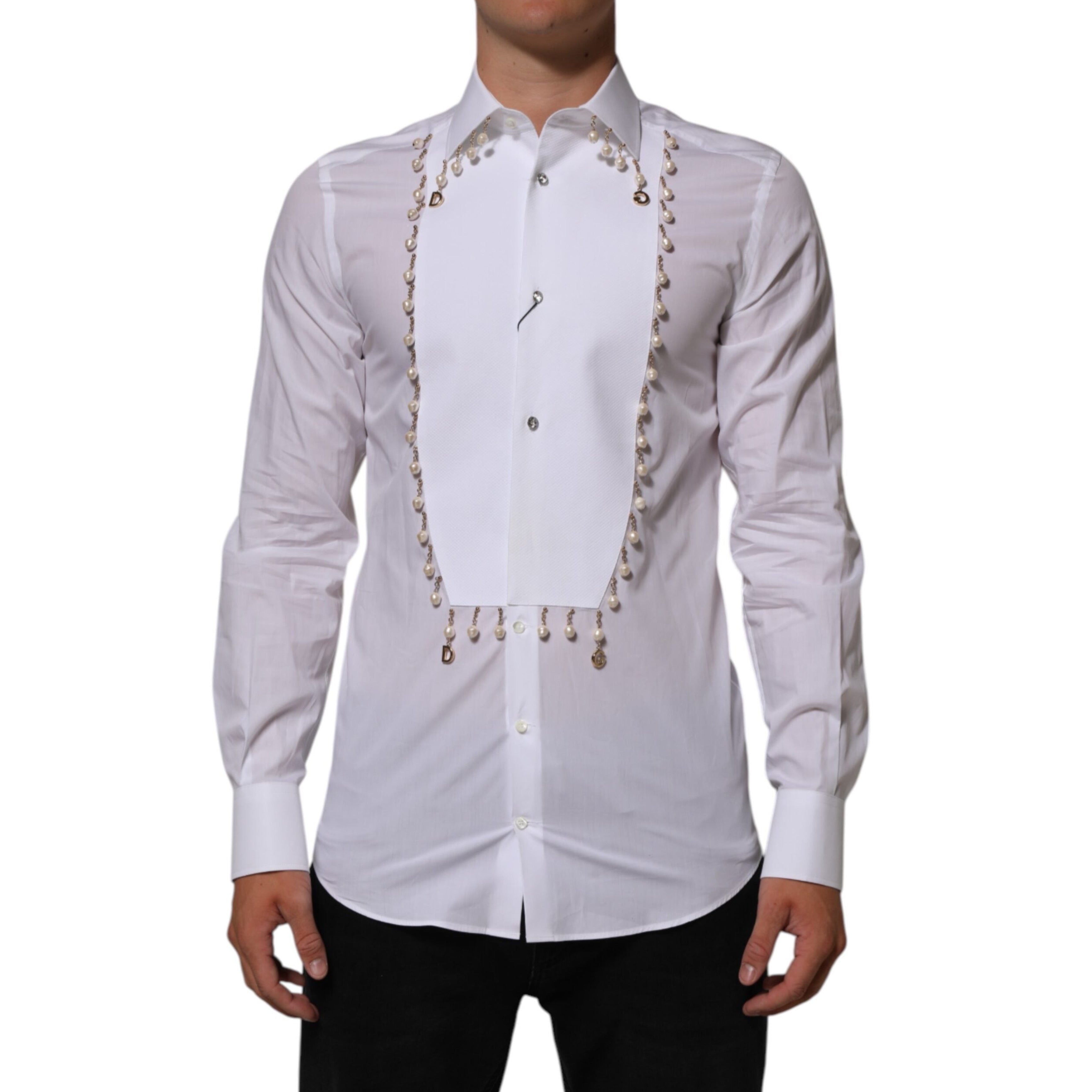 Мъжка риза Men’s white luxury shirt DOLCE & GABBANA Gold line with pearls
