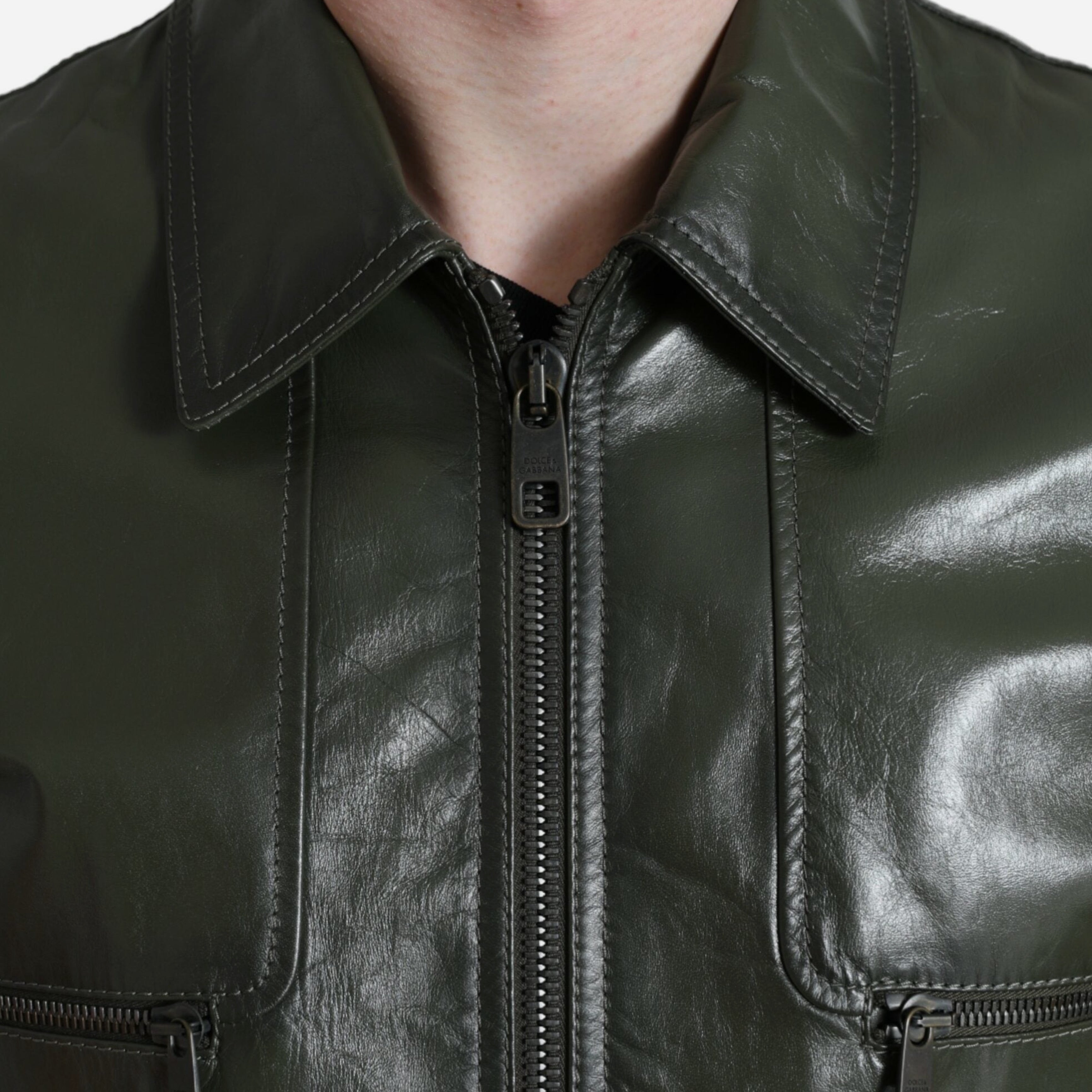 Мъжко луксозно кожено яке в зелено DOLCE & GABBANA Men’s Luxury Leather Emerald Green Biker Jacket