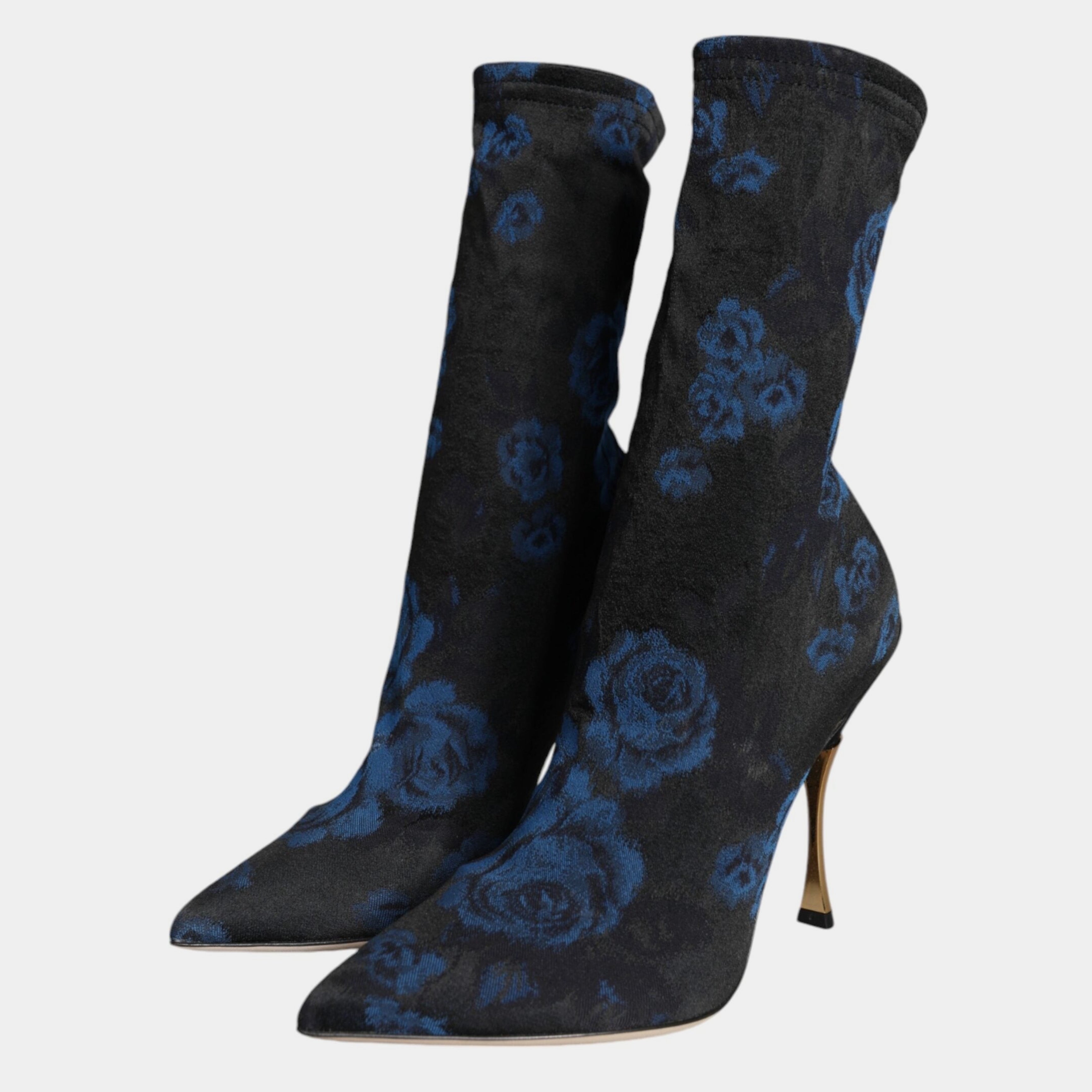 Дамски луксозни обувки на високи токчета над глезена Dolce & Gabbana Women’s Black Floral Stretch Mid Calf Heels Boots