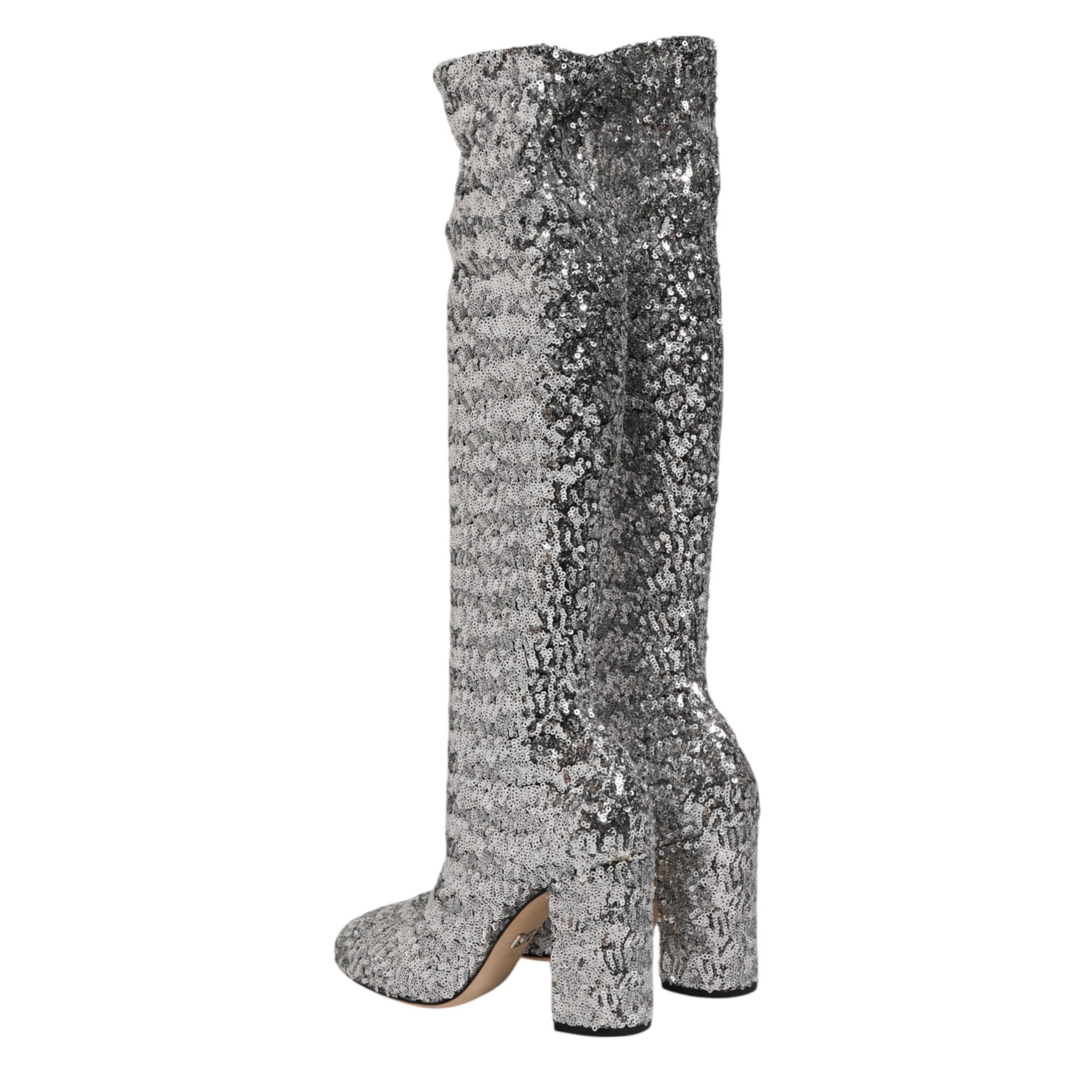 Дамски високи ботуши със сребристи пайети Women’s silver high boots DOLCE & GABBANA CU0424 AS937 8B418 heels view