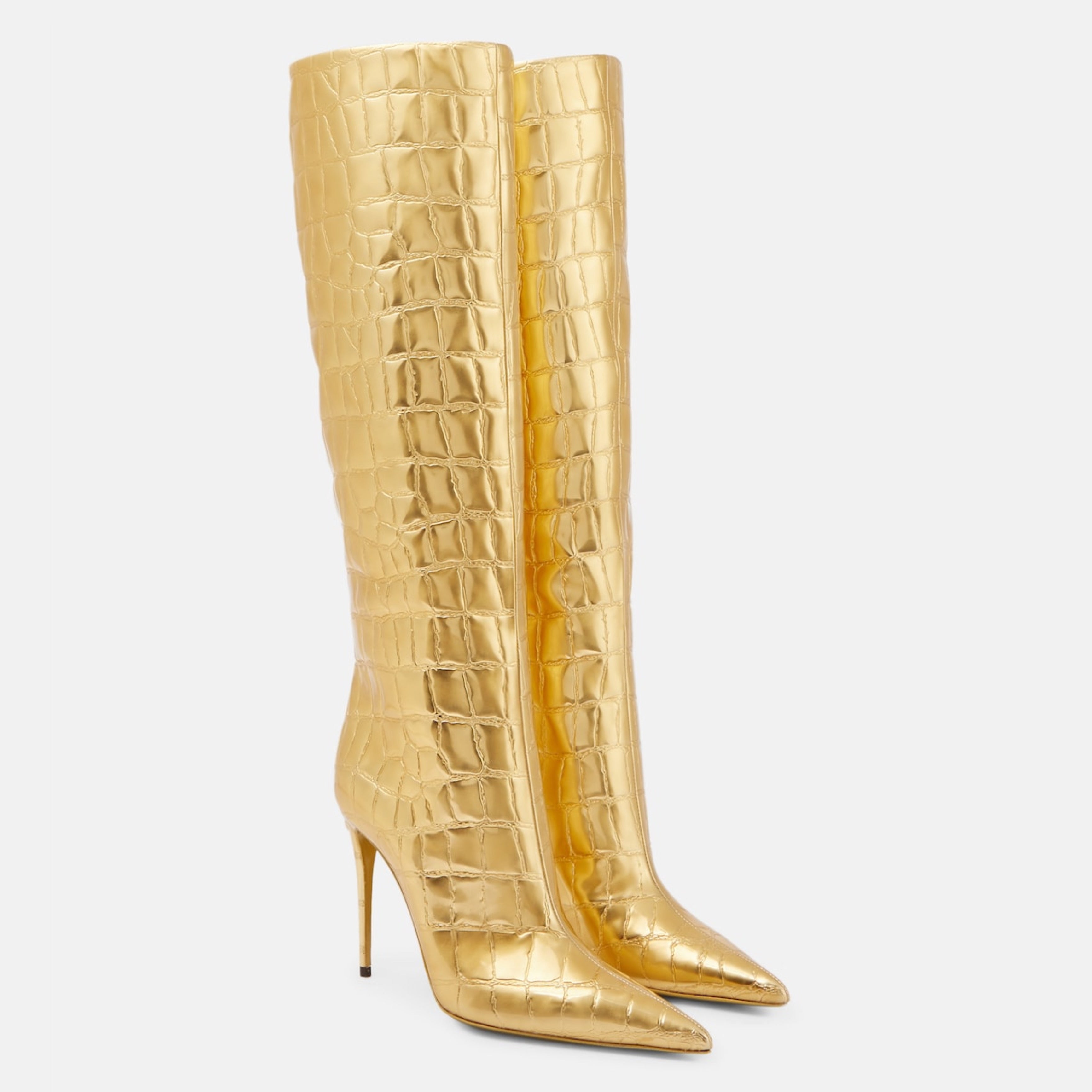 Дамски високи кожени ботуши на токчета в златист цвят DOLCE & GABBANA Women’s Luxury Gold Stiletto High Boots