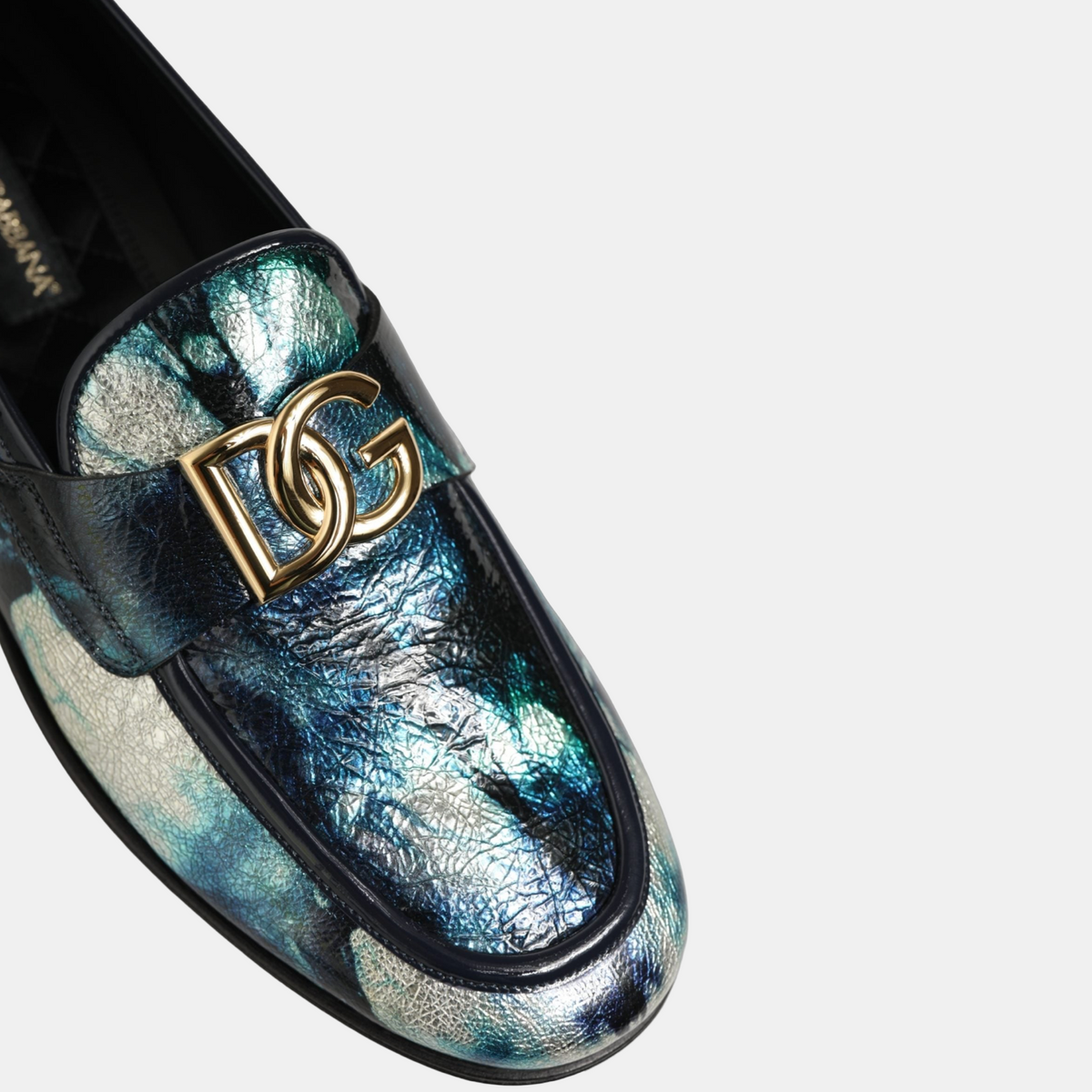 Dolce & Gabbana Metallic Blue Silver Leather DG Loafers Close-Up