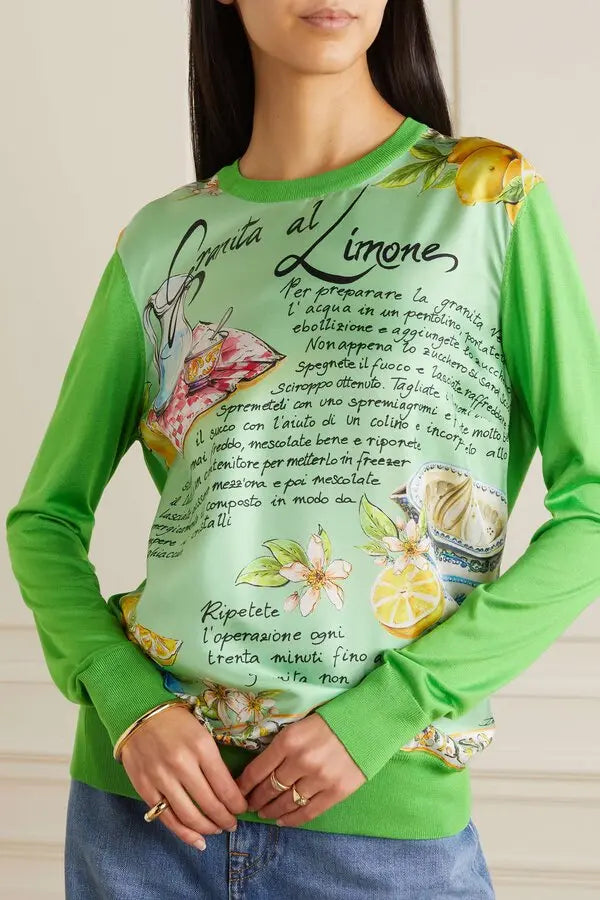 Дамски луксозен копринен пуловер DOLCE & GABBANA Women’s Green Silk Granita Al Limone Long Sleeves Sweater