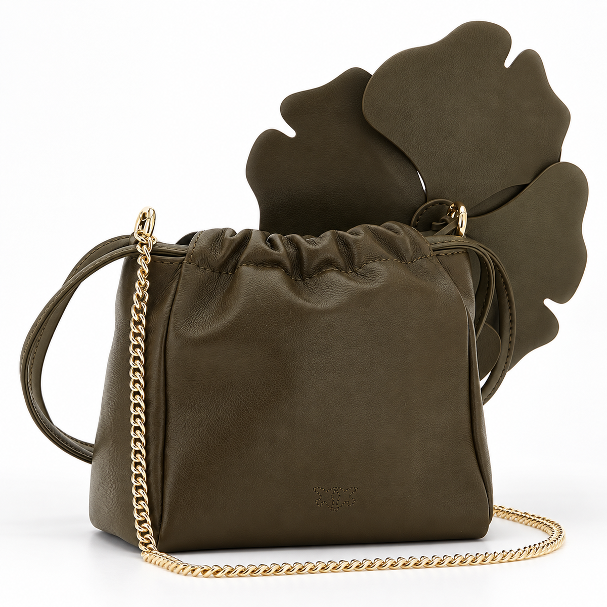 PINKO suede shoulder bucket bag with nappa leather flower 107678A0F2-V65Y Military Green back view