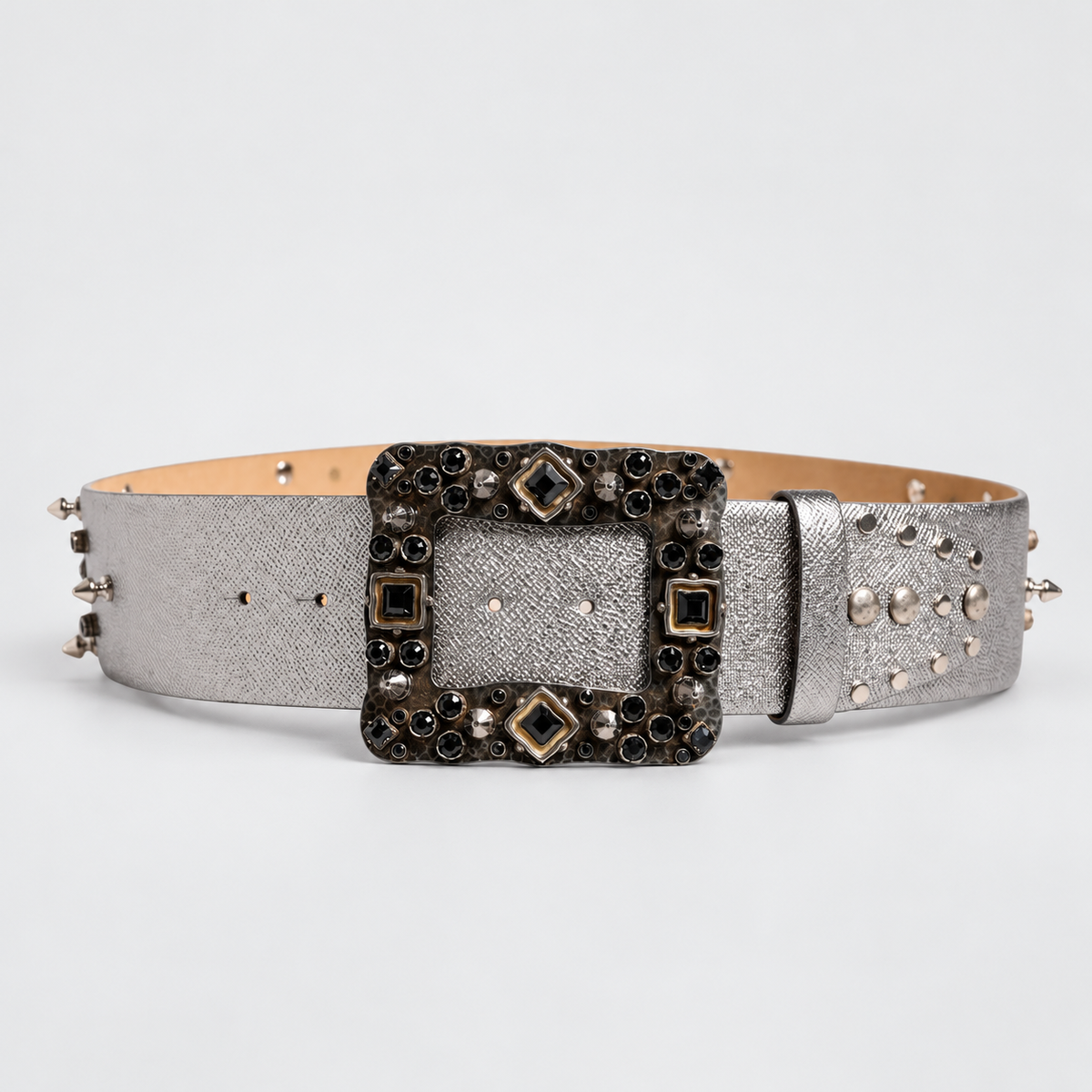 Dolce & Gabbana Silver Leather Crystal Metal Buckle Belt - studio view 3