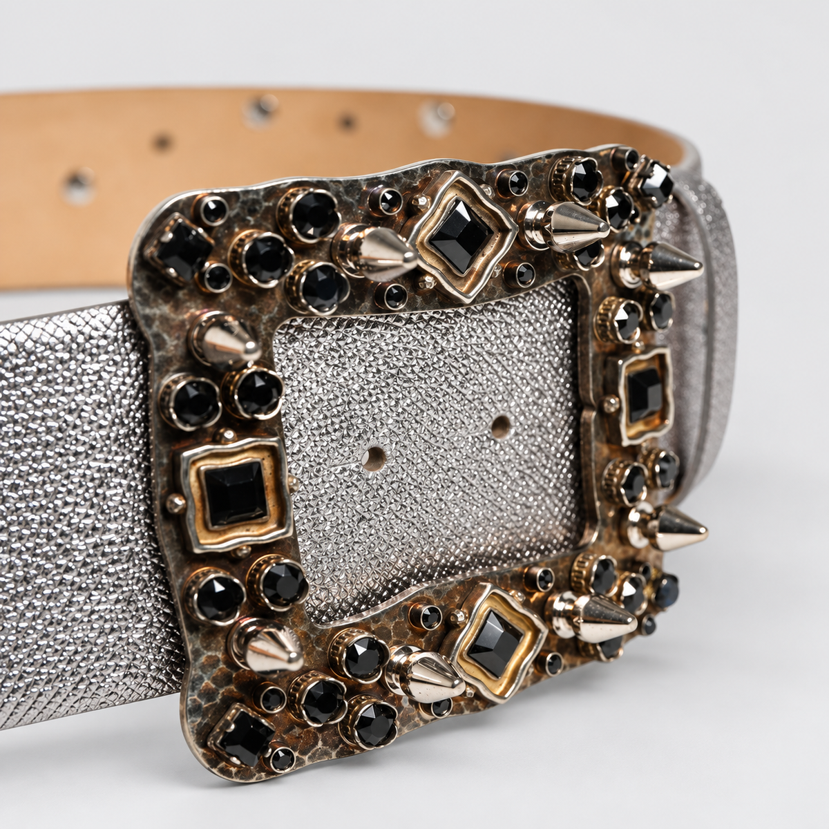 Dolce & Gabbana Silver Leather Crystal Metal Buckle Belt - studio view 4