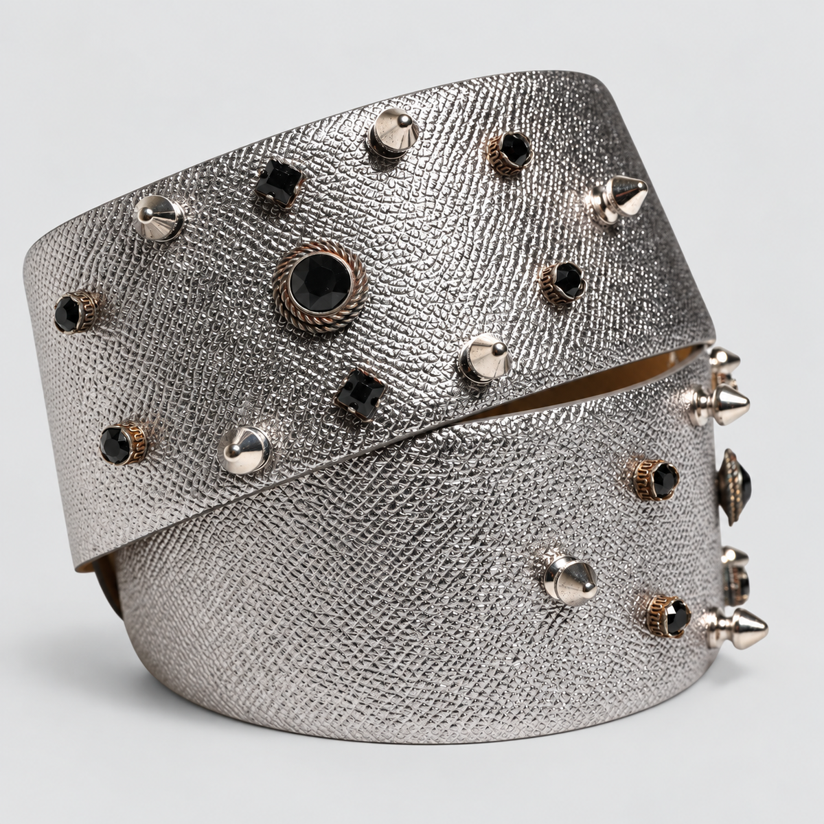 Dolce & Gabbana Silver Leather Crystal Metal Buckle Belt - studio view 5