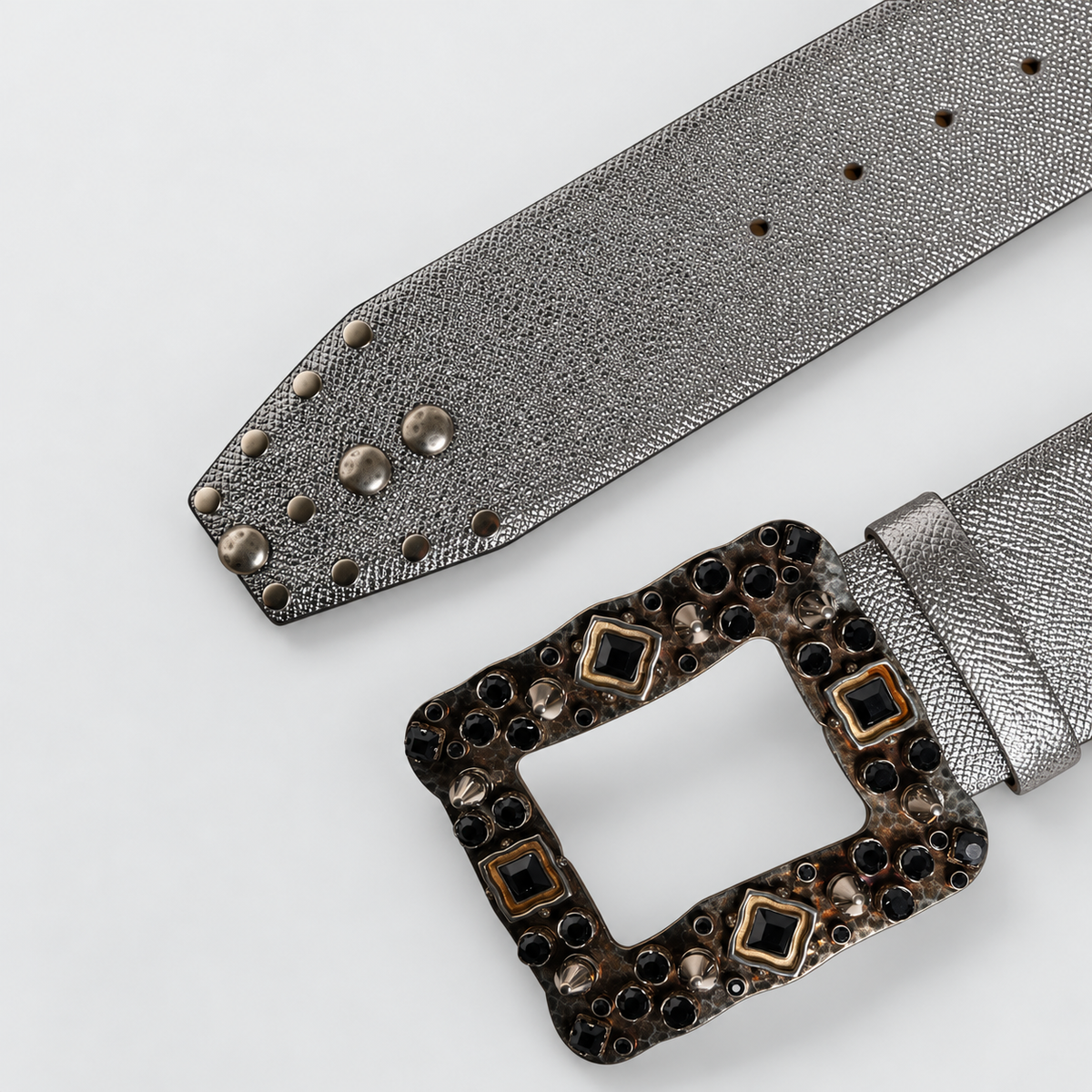 Dolce & Gabbana Silver Leather Crystal Metal Buckle Belt - studio view 7