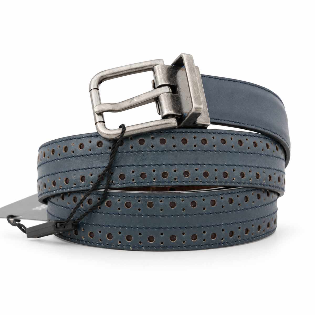 Dolce & Gabbana Blue Perforated Leather Gray Buckle Belt - BC2041 - view 6